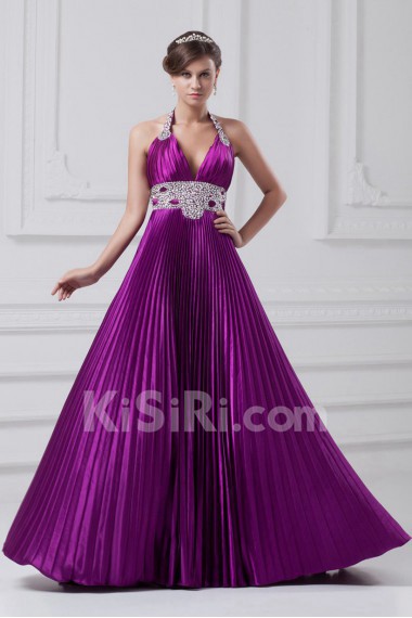 Satin Halter A Line Gown with Embroidery