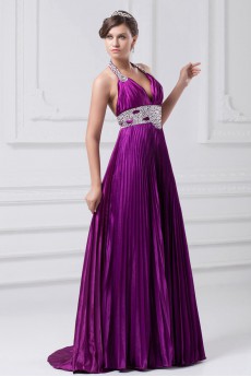 Satin Halter A Line Gown with Embroidery