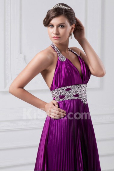 Satin Halter A Line Gown with Embroidery