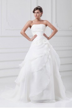 Organza Strapless A Line Gown with Embroidery