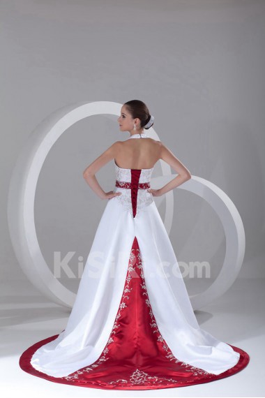 Satin Halter A Line Gown with Embroidery