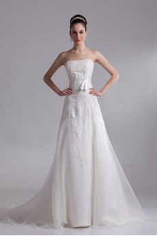 Organza Strapless A Line Gown with Embroidery