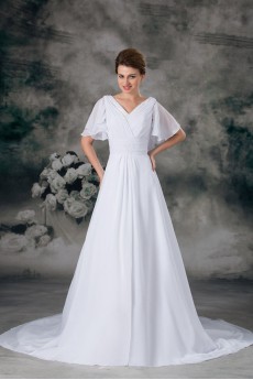 Chiffon V-Neck A Line Gown with Half-Sleeves