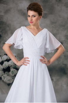 Chiffon V-Neck A Line Gown with Half-Sleeves
