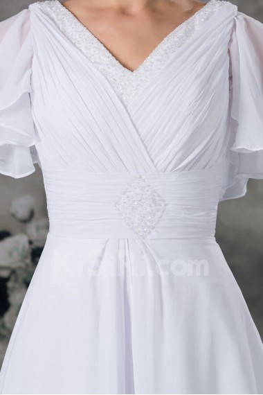 Chiffon V-Neck A Line Gown with Half-Sleeves
