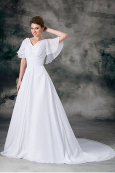Chiffon V-Neck A Line Gown with Half-Sleeves