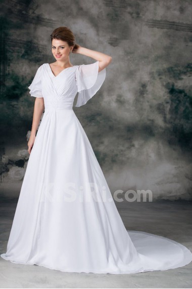 Chiffon V-Neck A Line Gown with Half-Sleeves