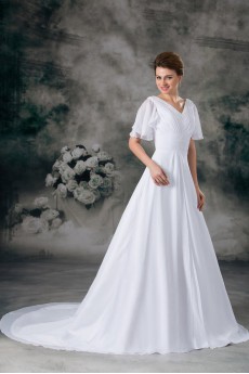 Chiffon V-Neck A Line Gown with Half-Sleeves