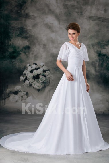 Chiffon V-Neck A Line Gown with Half-Sleeves