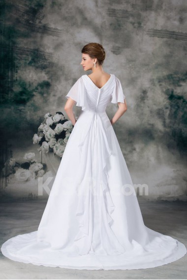 Chiffon V-Neck A Line Gown with Half-Sleeves