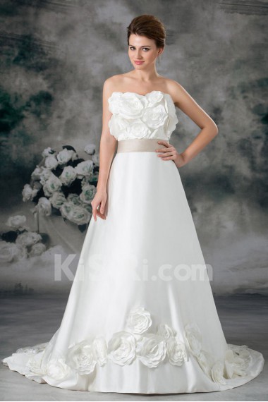 Satin Strapless A Line Gown with Hand-made Flowers