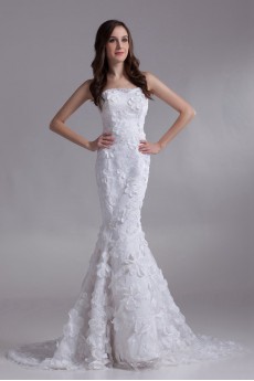 Satin and Lace Strapless Mermaid Gown with Embroidery