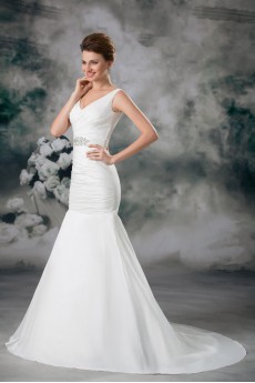 Taffeta V-Neck Sheath Dress with Embroidery