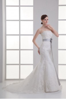 Satin and Net Strapless Sheath Gown with Sash
