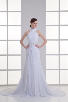 Chiffon High Collar Column Gown with Sash