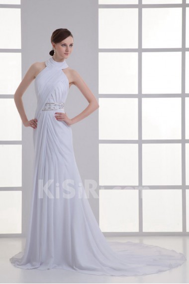 Chiffon High Collar Column Gown with Sash