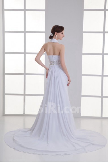 Chiffon High Collar Column Gown with Sash