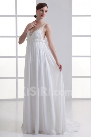 Chiffon V Neckline Column Gown with Embroidery