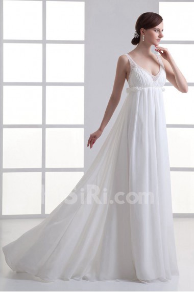 Chiffon V Neckline Column Gown with Embroidery
