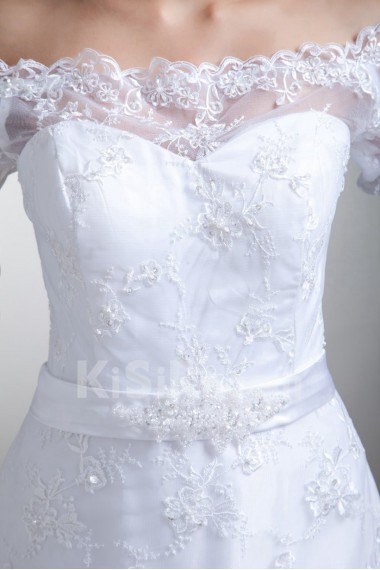 Lace Off-the-Shoulder Column Gown with Half-Sleeves