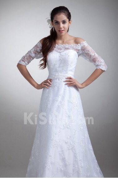 Lace Off-the-Shoulder Column Gown with Half-Sleeves