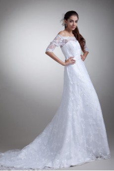 Lace Off-the-Shoulder Column Gown with Half-Sleeves