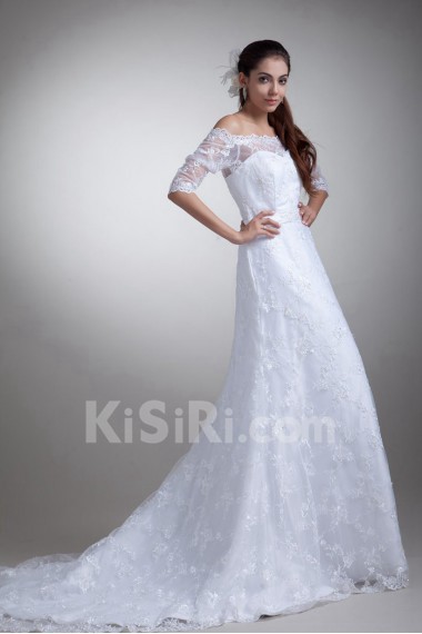 Lace Off-the-Shoulder Column Gown with Half-Sleeves