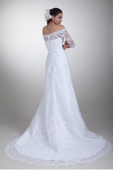 Lace Off-the-Shoulder Column Gown with Half-Sleeves