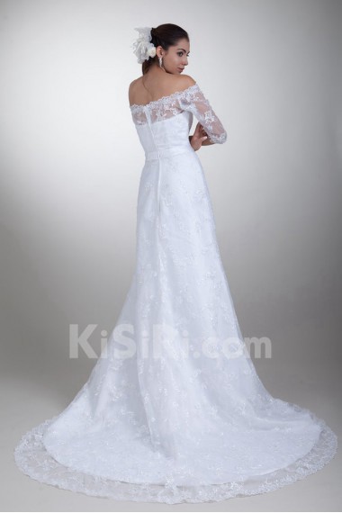Lace Off-the-Shoulder Column Gown with Half-Sleeves