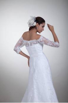 Lace Off-the-Shoulder Column Gown with Half-Sleeves
