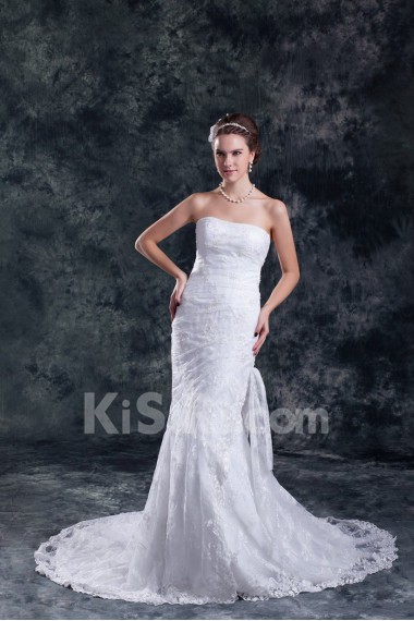 Lace Strapless Sheath Gown with Embroidery