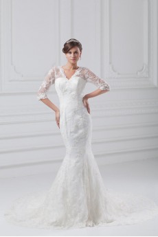 Lace V-Neck Sheath Gown with Half-Sleeves