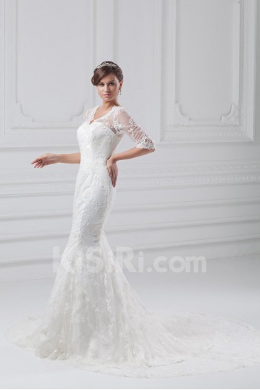 Lace V-Neck Sheath Gown with Half-Sleeves