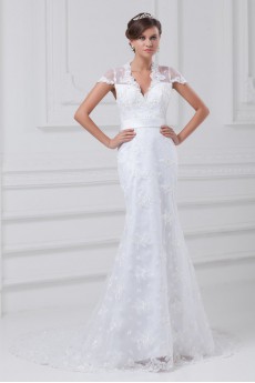 Lace V-Neck Sheath Gown with Cap Sleeves