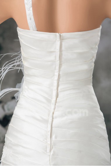 Satin One Shoulder Sheath Gown with Feather