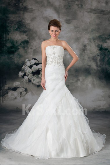 Organza Strapless Sheath Gown with Embroidery