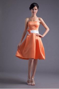 Satin Strapless Knee Length Dress with Sash