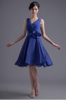 Chiffon V Neckline Knee Length Dress with Hand-made Flowers