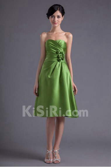 Satin Sweetheart Knee Length Dress with Hand-made Flowers