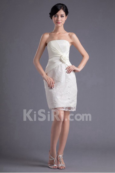 Satin and Lace Strapless Short Dress with Hand-made Flower