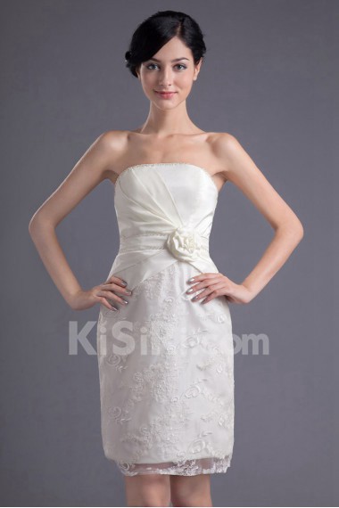 Satin and Lace Strapless Short Dress with Hand-made Flower