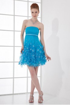 Net Strapless Short Dress with Embroidery