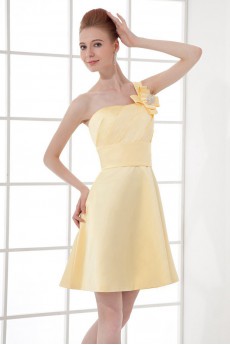 Satin One Shoulder Short Dress with Hand-made Flower