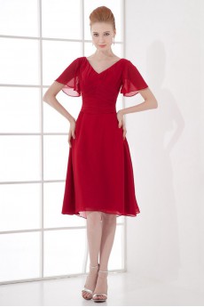 Chiffon V Neckline Knee Length Cap Sleeves Dress