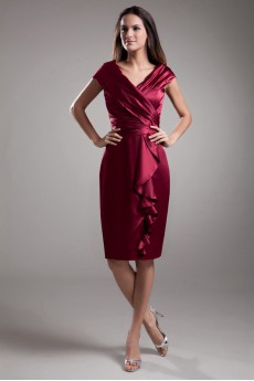 Satin V-Neck Knee Length Sheath Cap Sleeves Dress