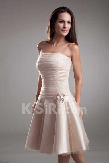 Net Strapless Knee Length Dress with Hand-made Flowers