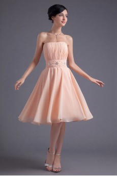 Chiffon Strapless Knee Length Dress with Embroidery