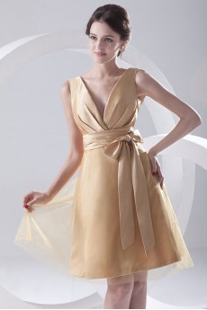 Satin and Net V Neckline A Line Short Dress with Sash