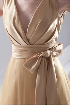 Satin and Net V Neckline A Line Short Dress with Sash