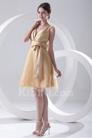 Satin and Net V Neckline A Line Short Dress with Sash